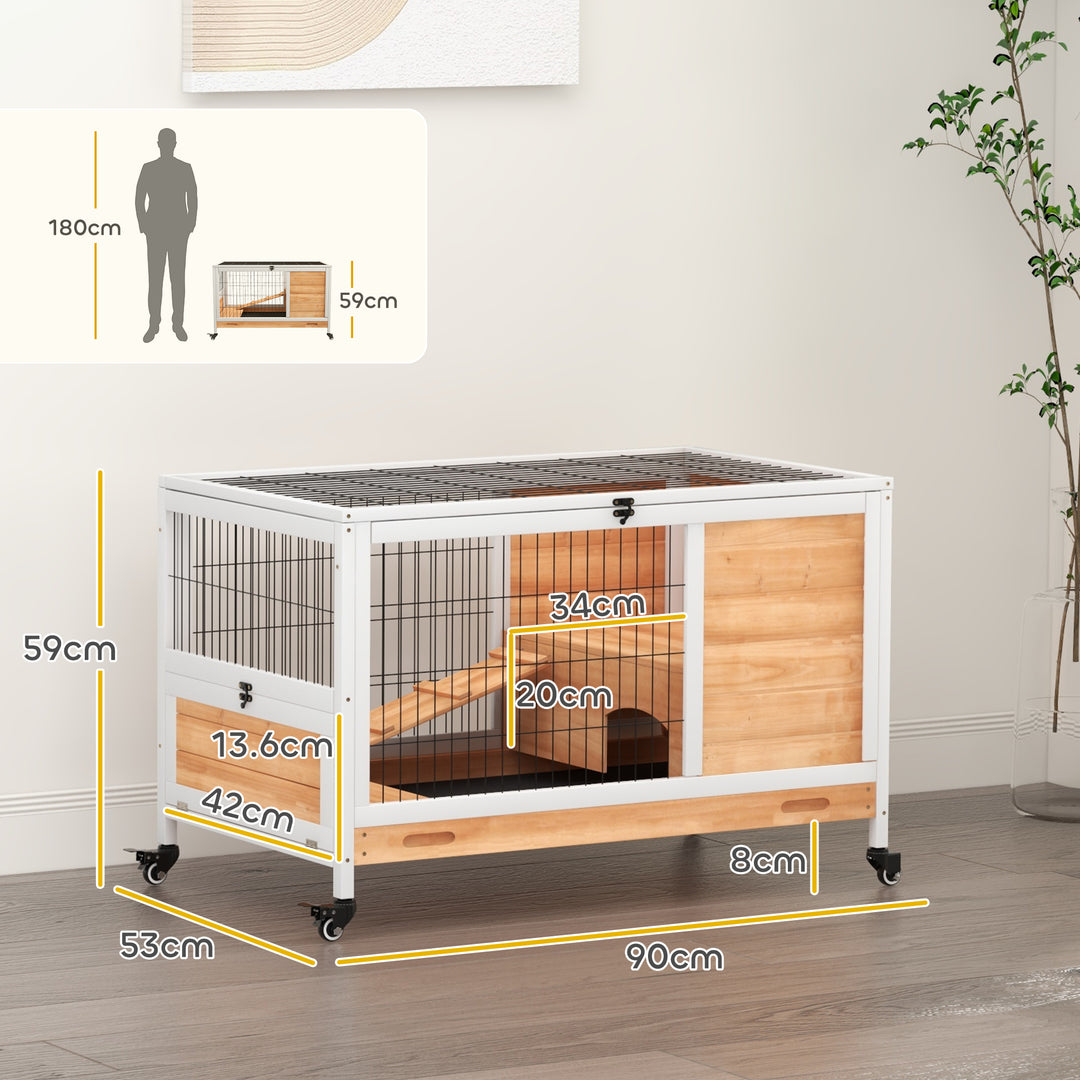 PawHut Wooden Indoor Rabbit Hutch, 2-Floor Bunny Cage w/ Enclosed Run Area, Yellow