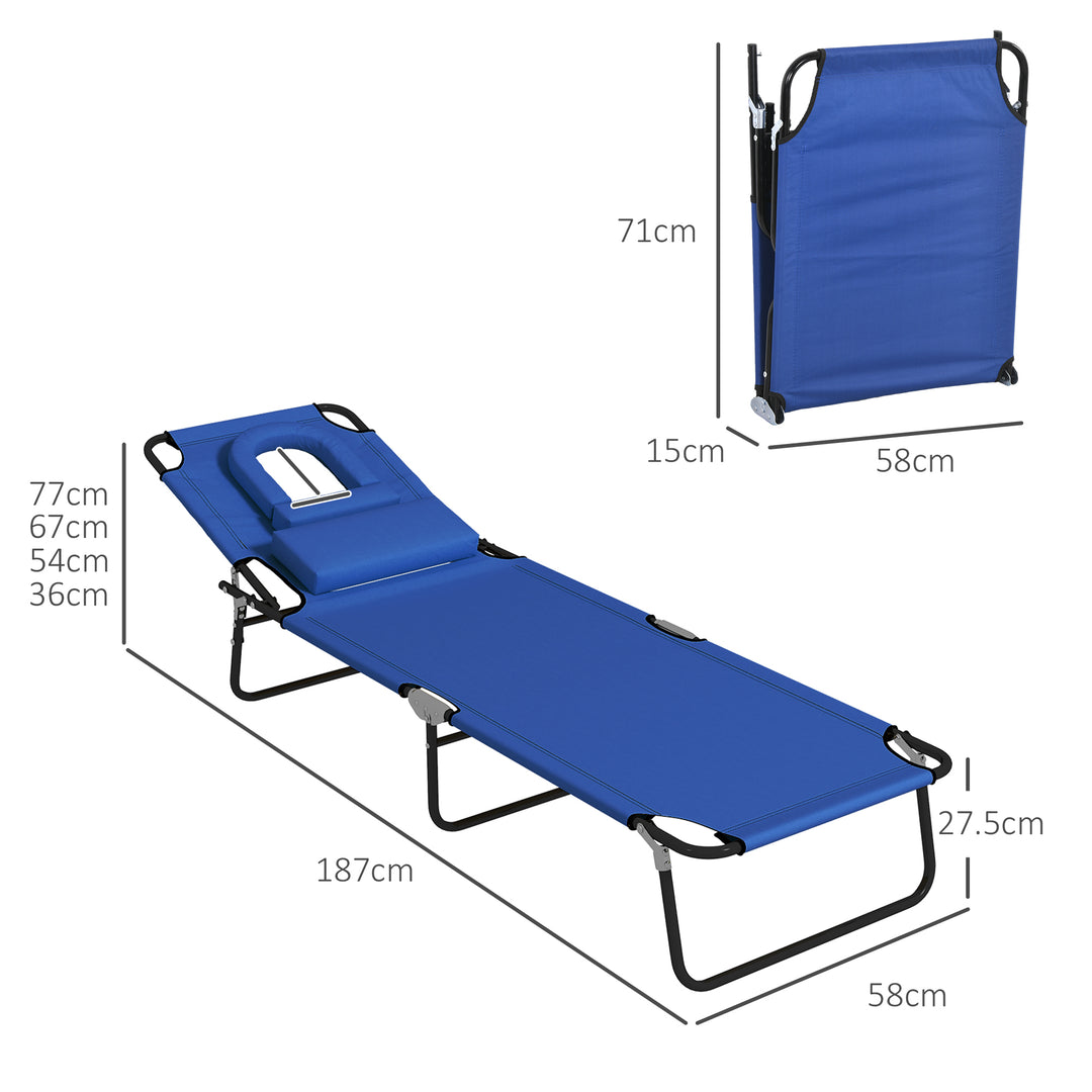 Outdoor Folding Sun Lounger Set of 2 with Face Hole, 4 Level Adjustable Backrest Reclining Garden Lounger, Garden Recliner Sunbed with 600 D Oxford Cloth Seat and Pillow for Beach, Blue
