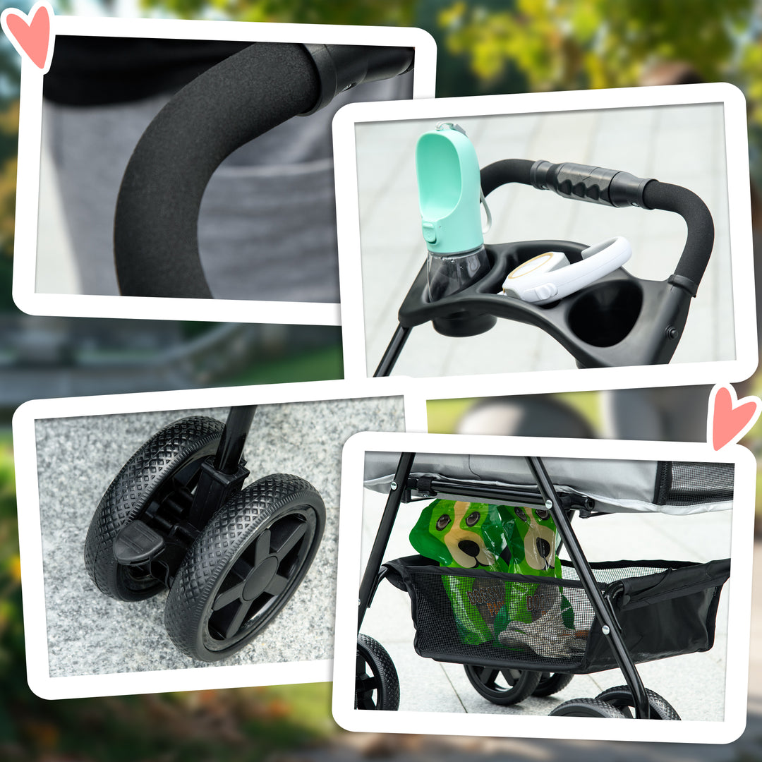 Dog Pram Dog Stroller Foldable Pet Pushchair with 4 Wheels, Safety Leashes, Cup Holder for Small Dogs, Grey