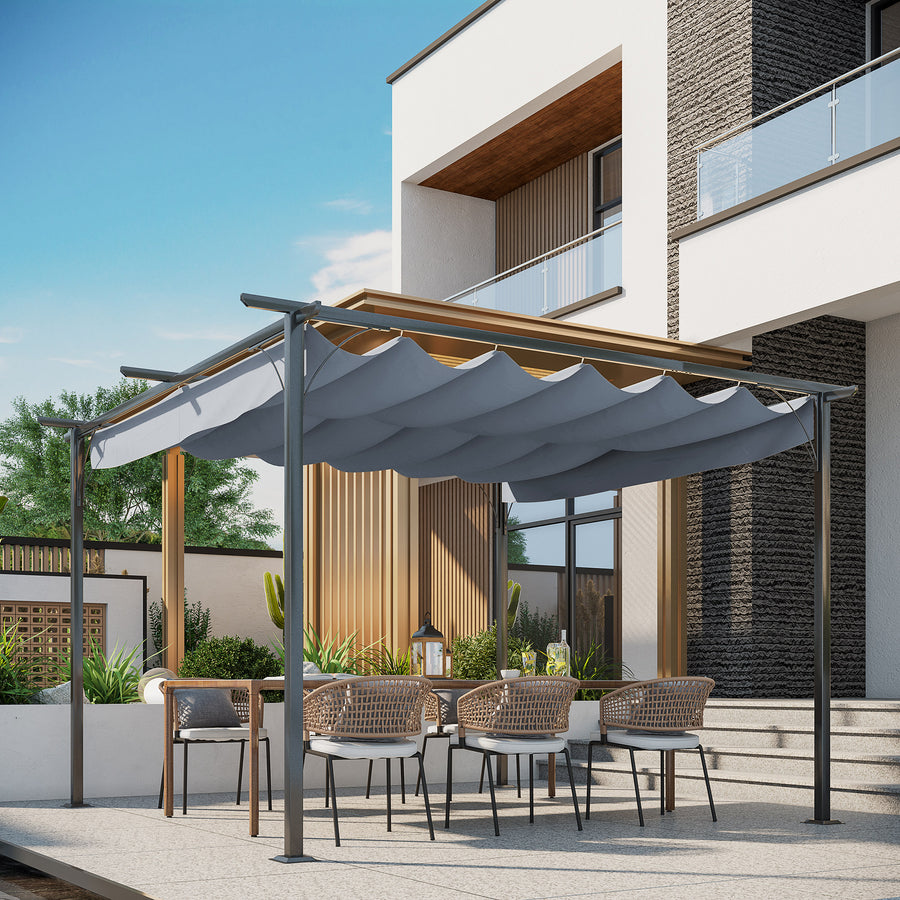 3.5M X 3.5M Metal Pergola Gazebo Awning Retractable Canopy Outdoor Garden Sun Shade Shelter Marquee Party BBQ, Grey