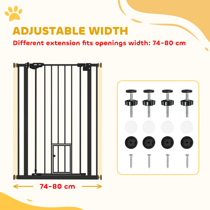 Extra Tall Pet Gate, Indoor Dog Safety Gate, with Cat Flap, Auto Close, 74-80cm Wide - Black