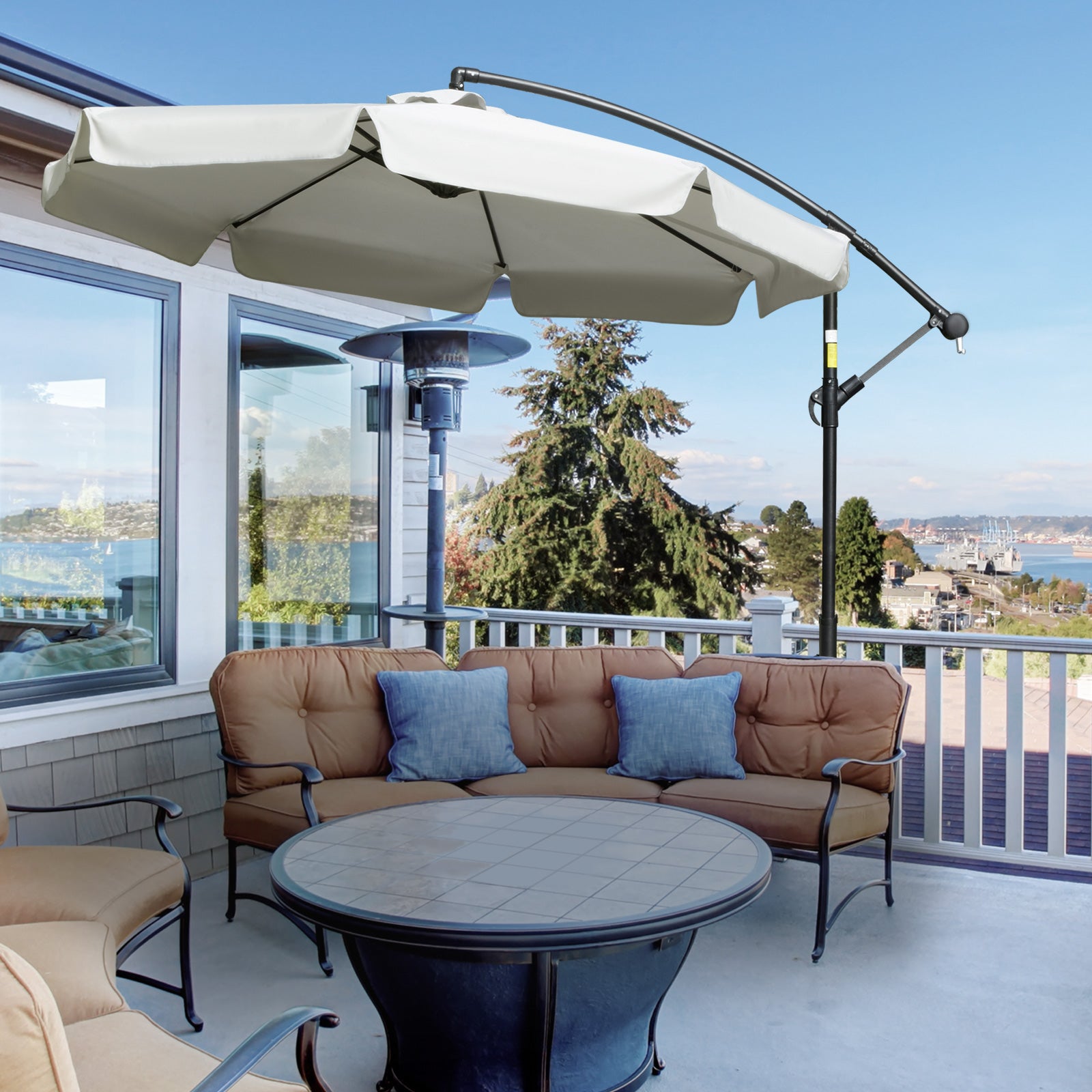 2.7m Garden Banana Parasol Cantilever Umbrella with Crank Handle and Cross Base for Outdoor, Hanging Sun Shade, Cream White