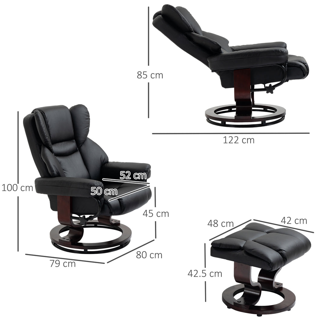 360° Swivel Recliner Chair with Footstool, PU Leather Manual Recliner Armchair with Solid Wood Base, Upholstered Reclining Chair for Living Room, Bedroom, Office, Black