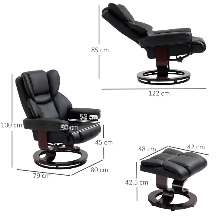 360° Swivel Recliner Chair with Footstool, PU Leather Manual Recliner Armchair with Solid Wood Base, Upholstered Reclining Chair for Living Room, Bedroom, Office, Black