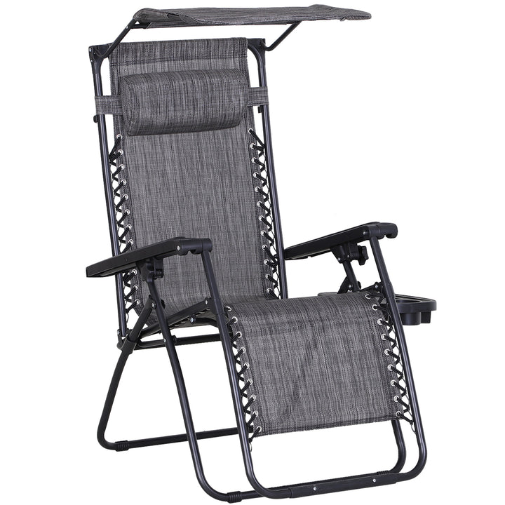 MCL Foldable Reclining Garden Chair with Headrest, Zero Gravity Deck Sun Lounger Seat Chair with Footrest, Armrest, Cup Holder & Canopy Shade, Grey