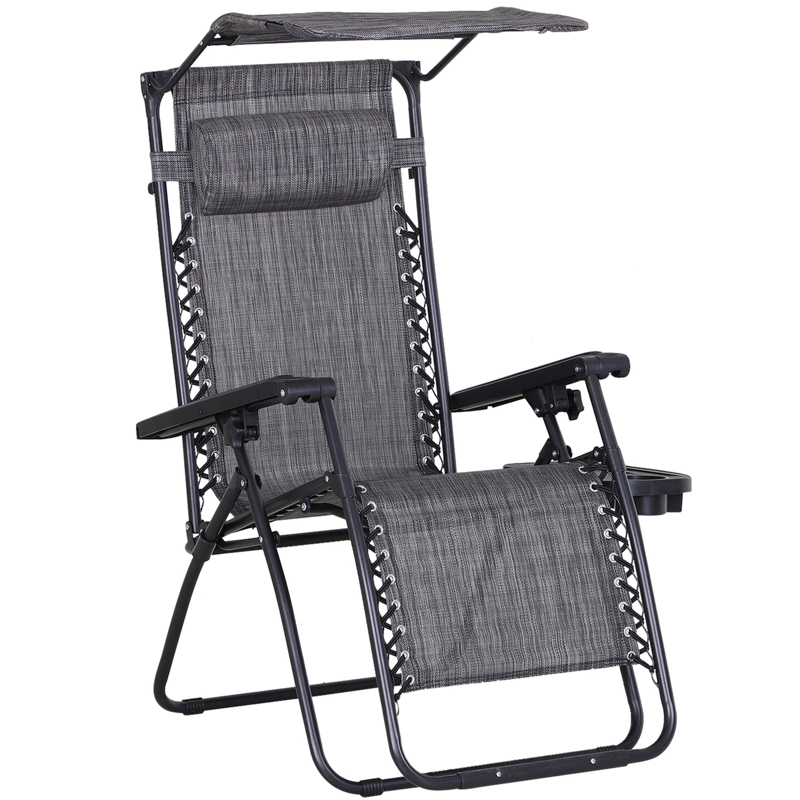 Foldable Reclining Garden Chair with Headrest, Zero Gravity Deck Sun Lounger Seat Chair with Footrest, Armrest, Cup Holder & Canopy Shade, Grey