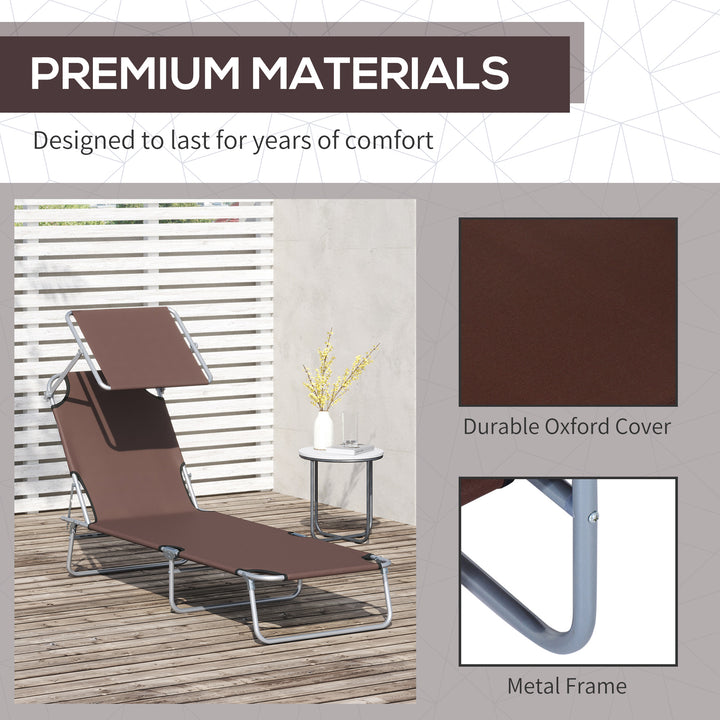2 Pieces Outdoor Foldable Sun Lounger, 4 Level Adjustable Backrest Reclining Sun Lounger Chair with Angle Adjust Sun Shade Awning for Beach, Garden, Patio, Brown