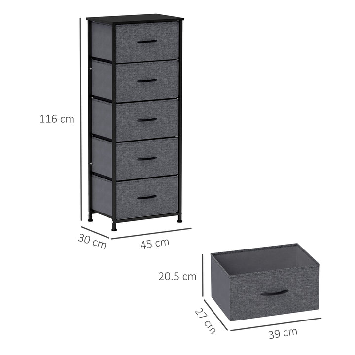 Fabric Chest of Drawers, Industrial Bedroom Dresser with 5 Fabric Drawers, Steel Frame and Wooden Top for Nursery, Living Room, Hallway, Dark Grey