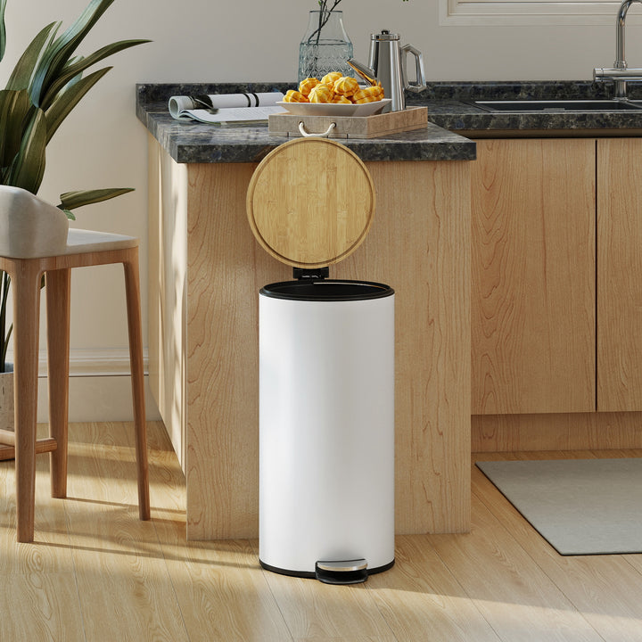 Kitchen Bin, 30 Litre Pedal Rubbish Bin with Removable Bucket, White a