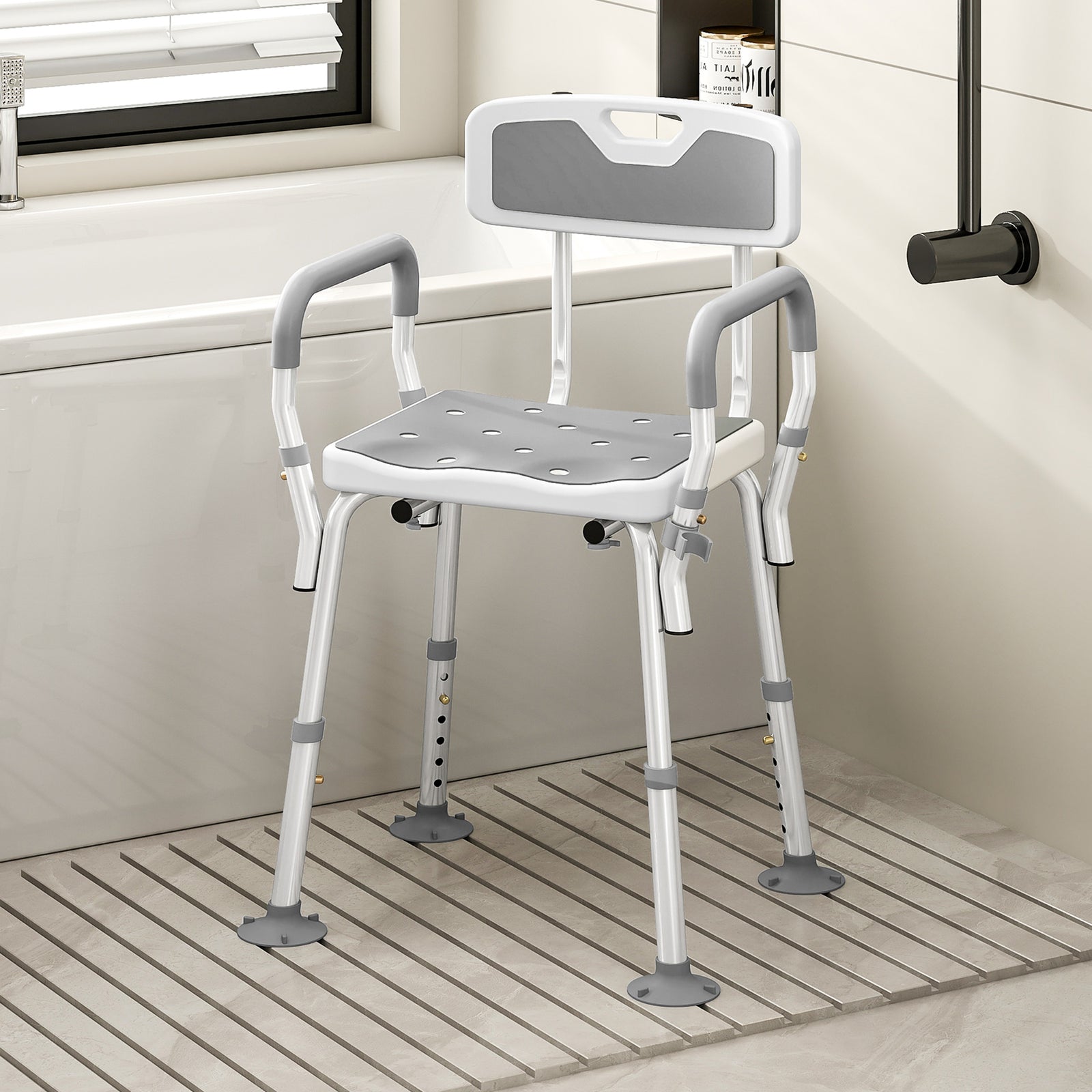 HOMCOM EVA Padded Shower Chair for the Elderly and Disabled, Height Adjustable Shower Stool with Back and Arms, 4 Suction Foot Pads, Light Grey