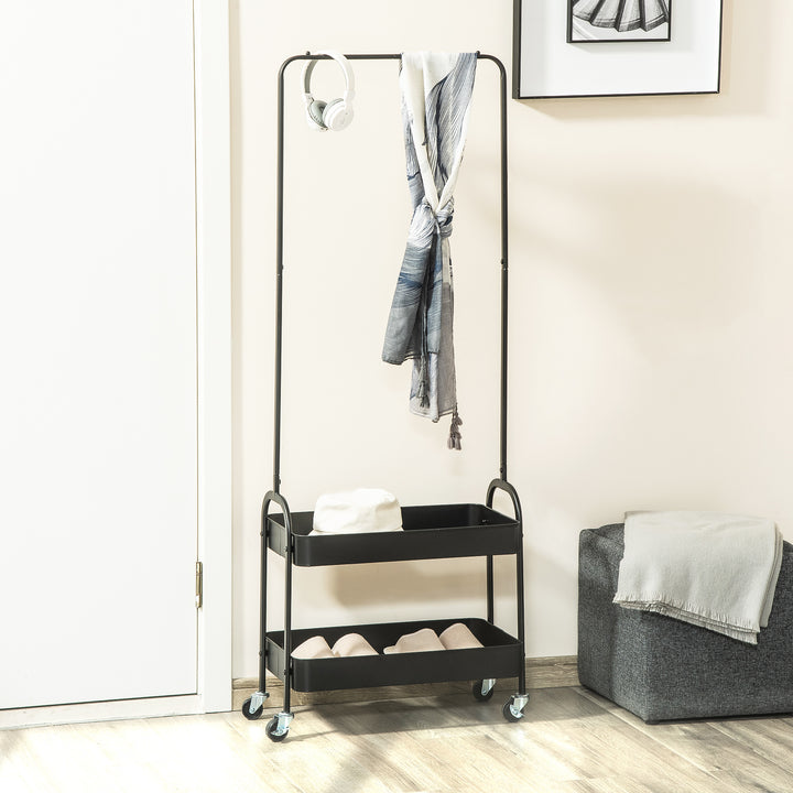 HOMCOM Freestanding Metal Clothes Rail with Shoe Storage, Coat Stand on Wheels, 2-Tier Hall Tree with Shelves, Black | Aosom UK