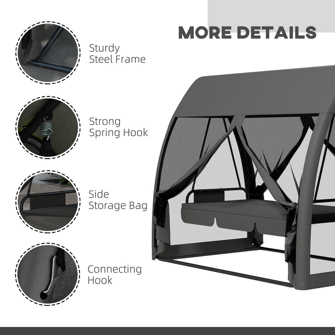Three-Seater Convertible Swing Chair/Bed, with Curtained Canopy - Grey