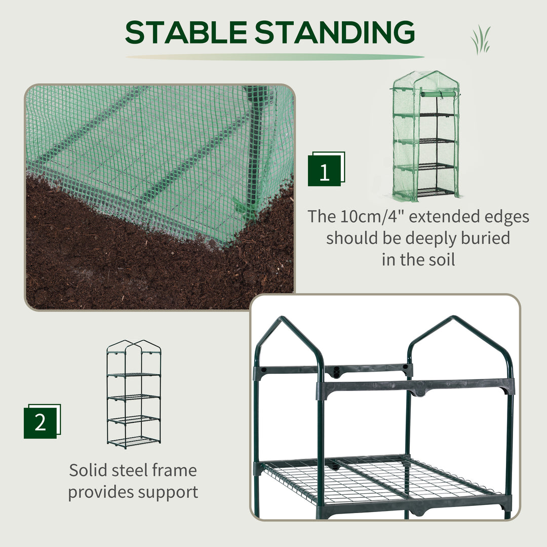 4 Tier Mini Greenhouse, Portable Compact Green House with Steel Frame, PE Cover, Roll-up Door, 70 x 50 x 160 cm, Green