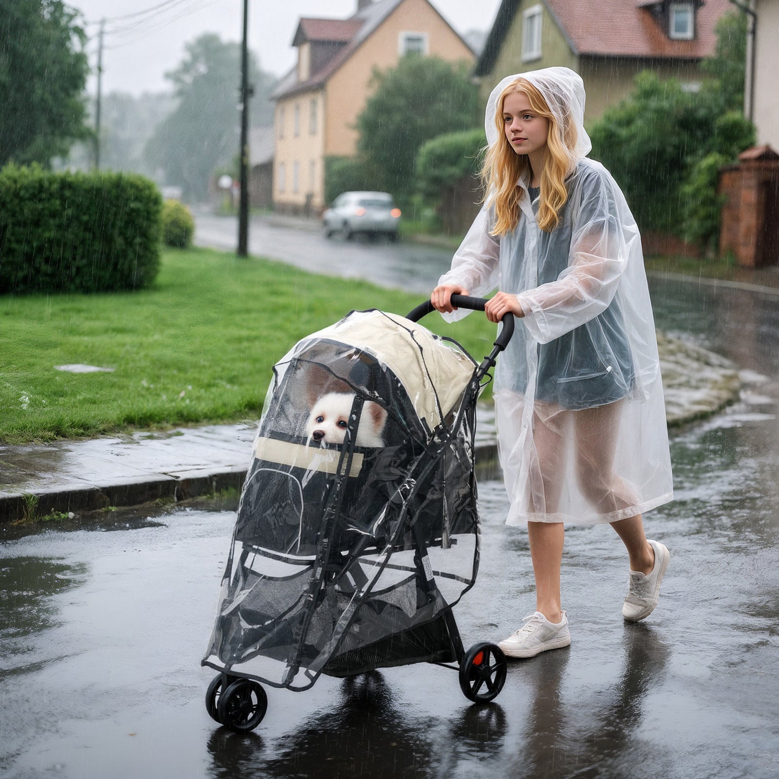 Foldable Pet Stroller w/ Rain Cover, for XS Dogs, S Dogs - Khaki