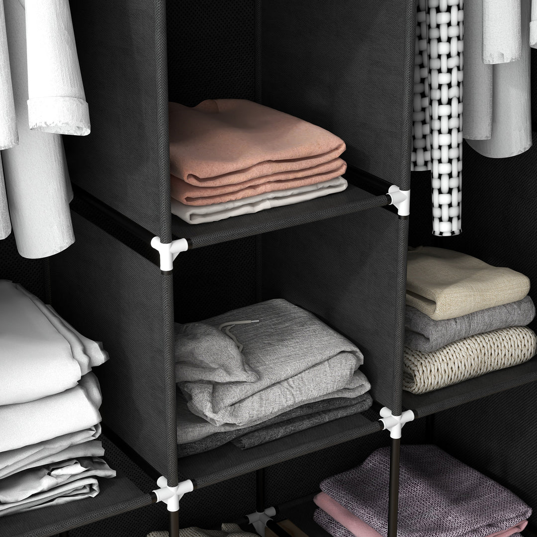 Fabric Wardrobe, with Rails and Shelves - Black