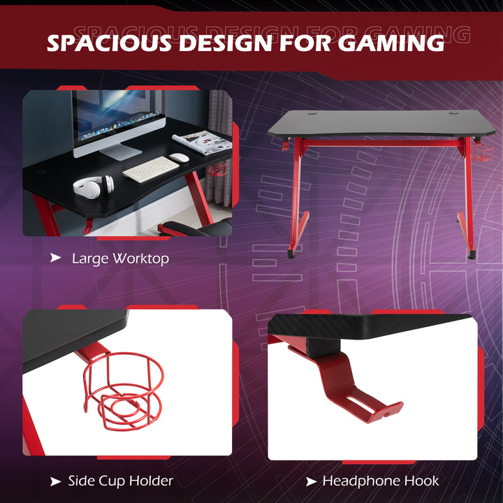 HOMCOM Gaming Desk Steel Frame w/ Cup Headphone Holder Adjustable Feet Cable Organiser Home Office Computer Table Red | Aosom UK