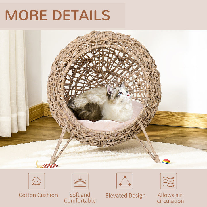 PawHut Cat Hammock Rattan Cat House Ball-Shaped Cat Bed with Hand-Woven PE, Cushion & Three-Legged Base, Natural Wood Finish | Aosom UK