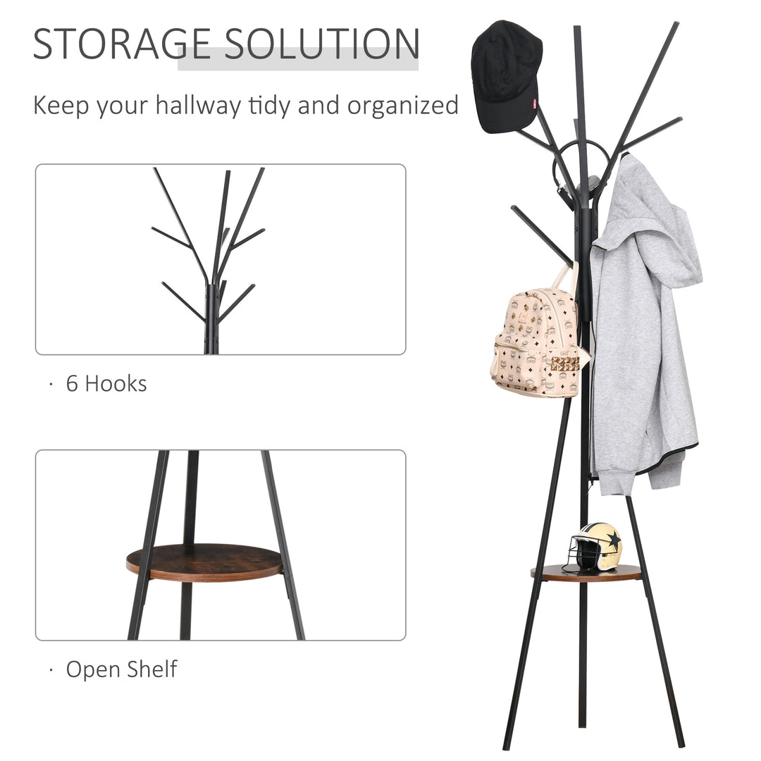 HOMCOM Free Standing Coat Rack Metal, 180cm with 9 Hooks, 1 Shelf for Clothes, Hats, Bags, Umbrella Organiser, Brown | Aosom UK