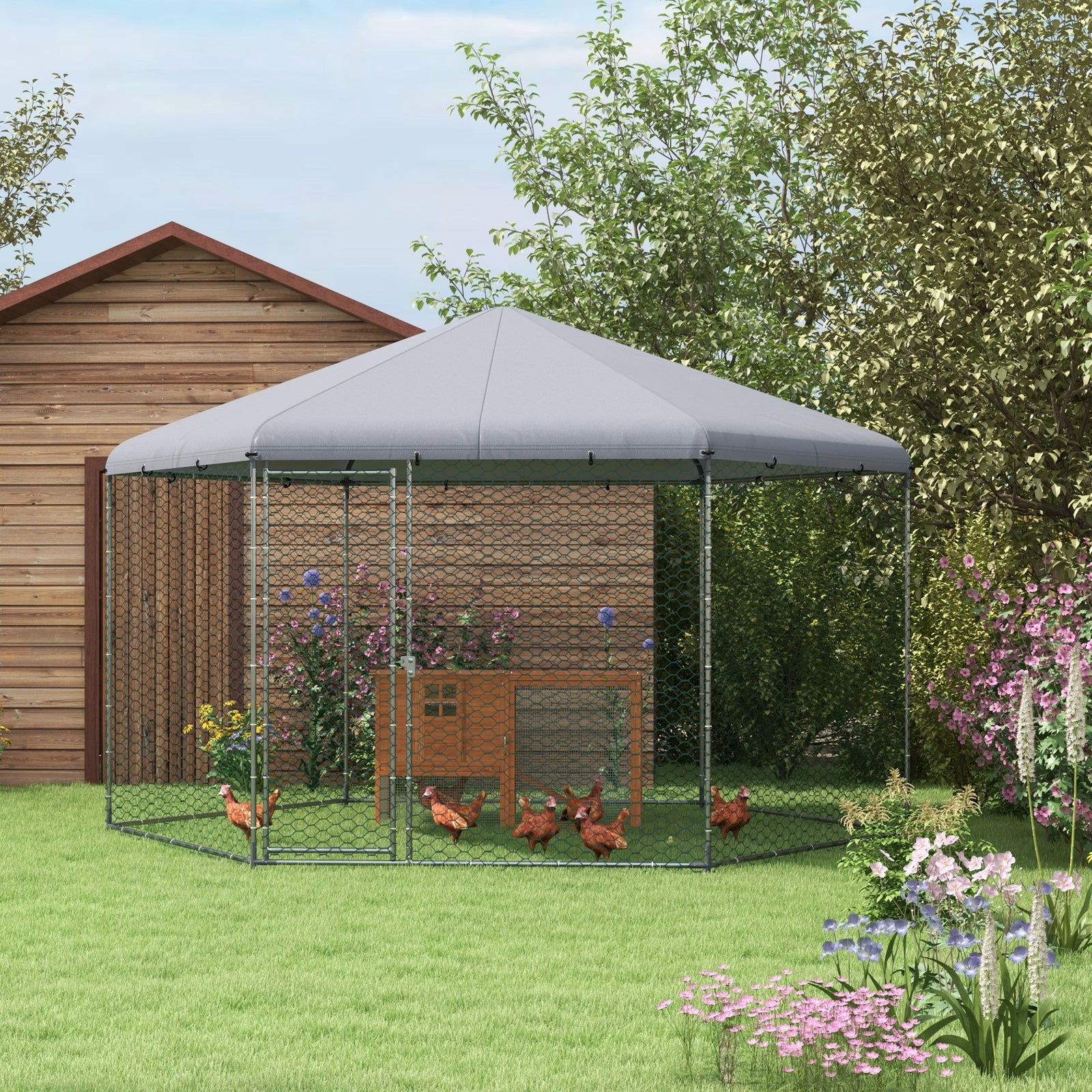 Chicken Coop for 10-15 Chickens, Hens, Rabbits, Ducks, Outdoor Garden Chicken Run, 4 x 3.5 x 2.6m