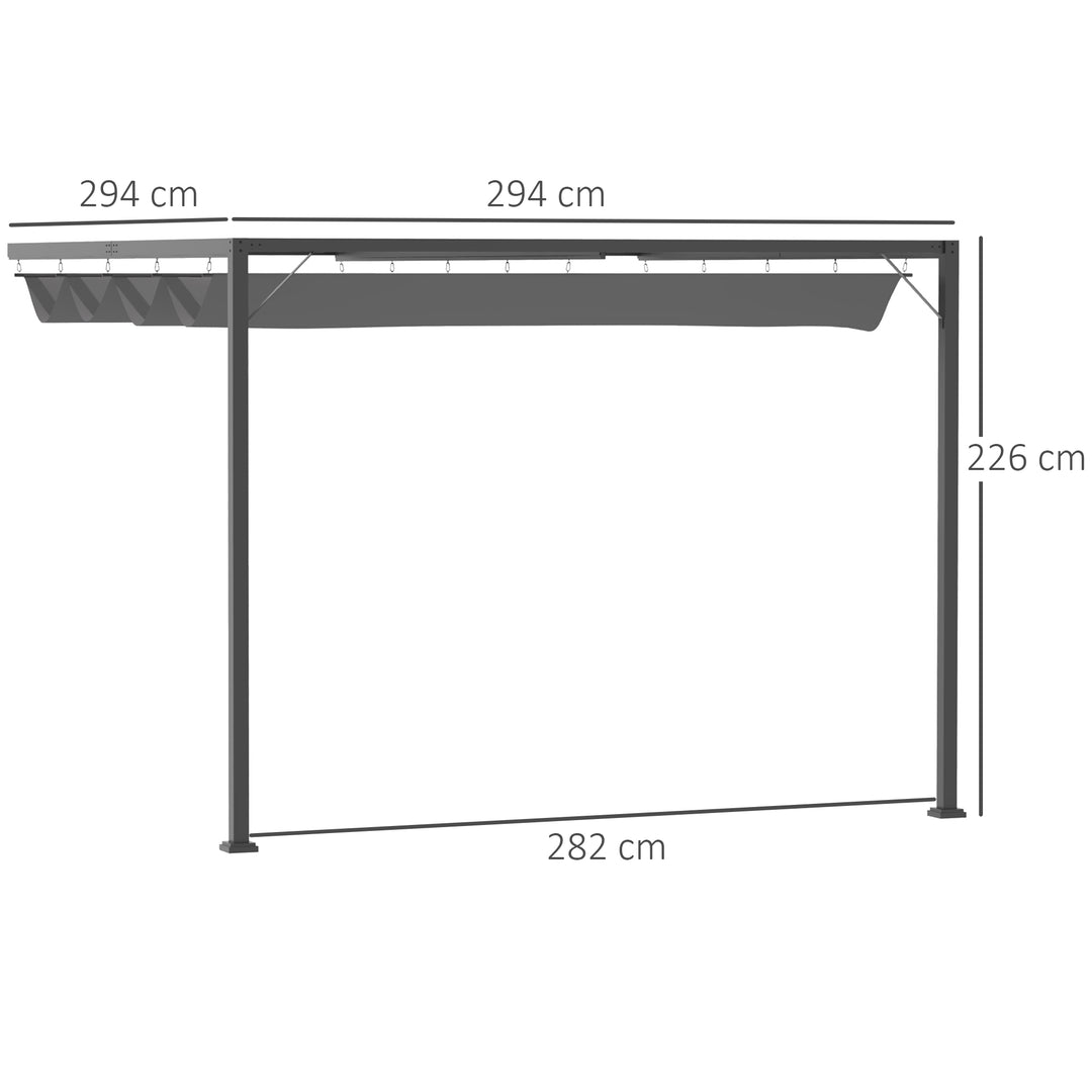 Outsunny 3(m) Outdoor Pergola Retractable Canopy Wall Mounted Gazebo Patio Shelter Sun Shade, Grey