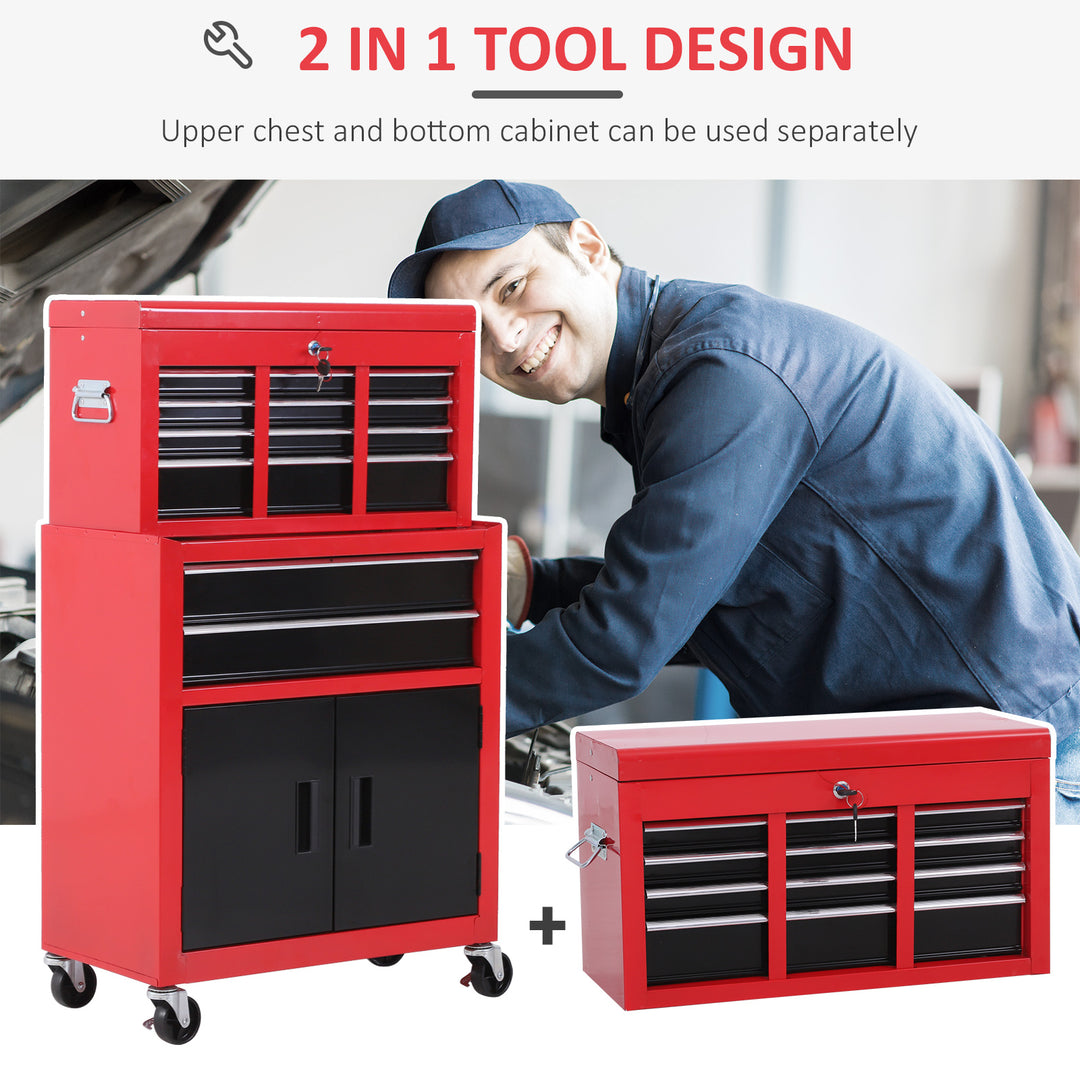 HOMCOM Tool Chest, Metal Tool Cabinet on Wheels with 6 Drawers, Pegboard, Top Chest and Roller Cabinet Combo, 61.6 x 33 x 108cm, Red