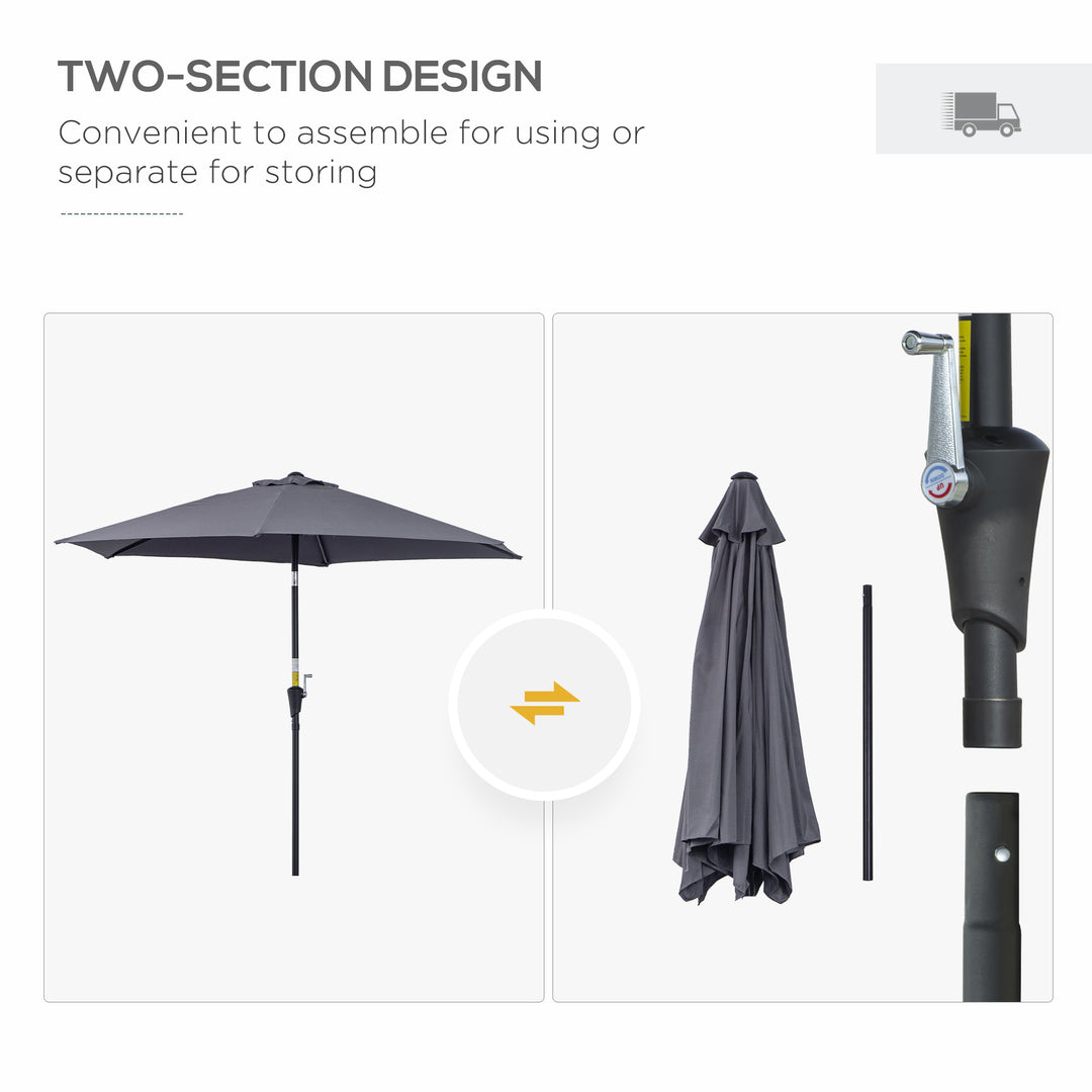 2.6M Garden Parasol Umbrella with Tilt and Crank, Outdoor Sun Parasol Sunshade Shelter with Aluminium Frame, Grey