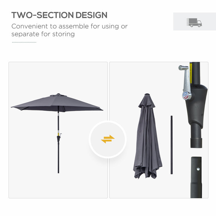 2.6M Garden Parasol Umbrella with Tilt and Crank, Outdoor Sun Parasol Sunshade Shelter with Aluminium Frame, Grey