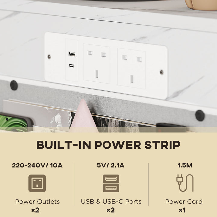 C-Shaped Bedside Table with Charging Station, Marble Grain Side Table with Power Outlets & USB Ports, Storage Bags, for Bedroom, Living Room, White