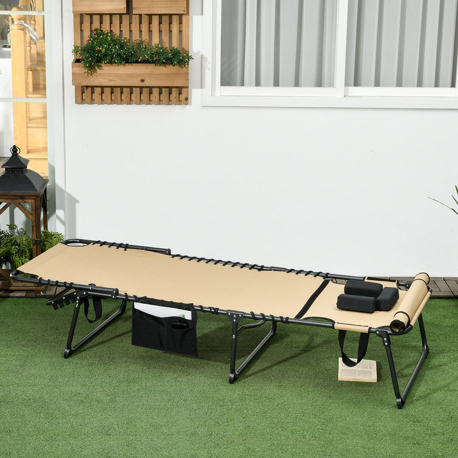 Folding Sun Lounge with 5-level Reclining Back, Outdoor Tanning Chair with Reading Hole, Outdoor Sun Lounge with Side Pocket, Headrest, for Beach, Yard, Patio, Beige