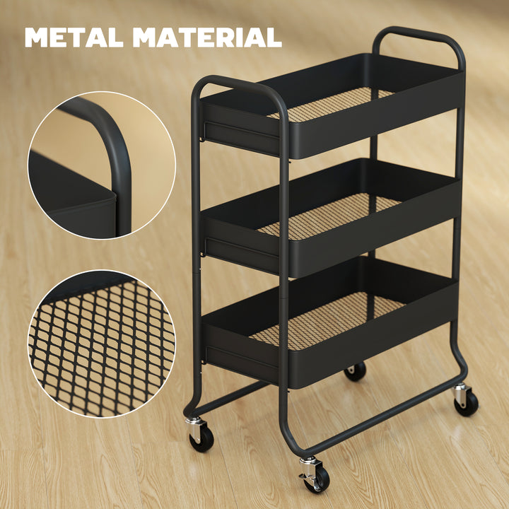 3-Tier Storage Trolley on Wheels, Rolling Utility Cart with Mesh Backets for Kitchen, Bathroom, Bedroom