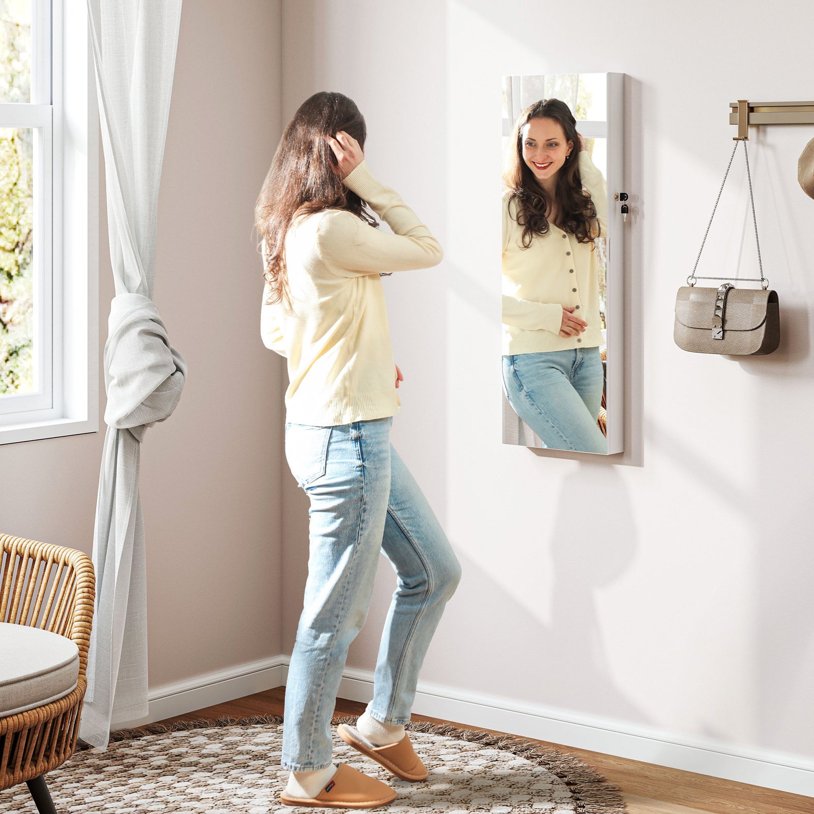 108 x 37cm Lockable Jewellery Cabinet, with LED Lights - White Surface and Pink Lining