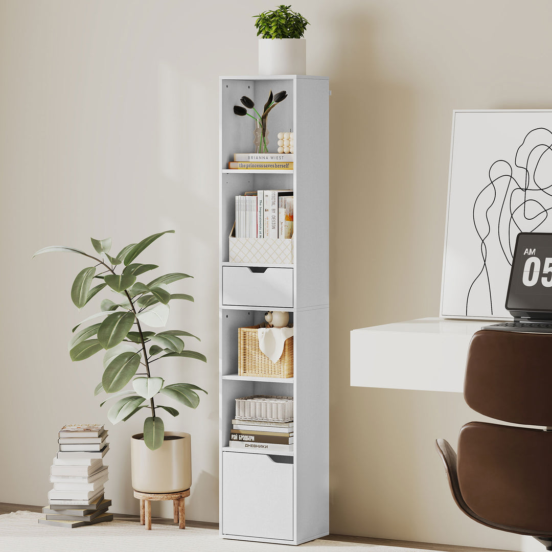 MCL 6-Tier Bookcase, Tall Narrow Bookshelf with Drawer and Door - White