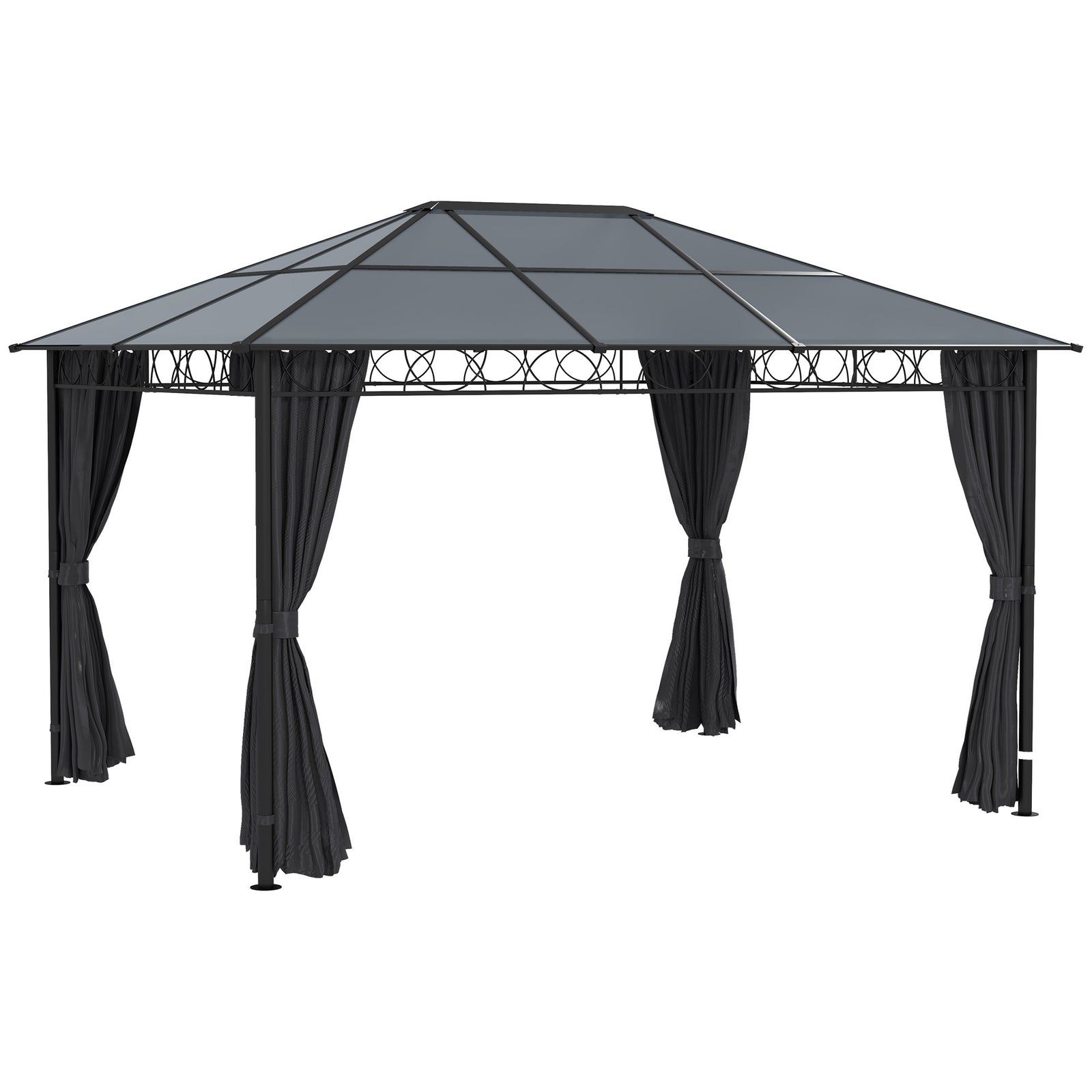 Hardtop Gazebo Garden Pavilion with UV Resistant Polycarbonate Roof, Curtains, Steel & Aluminium Frame, 3 x 4m, Grey