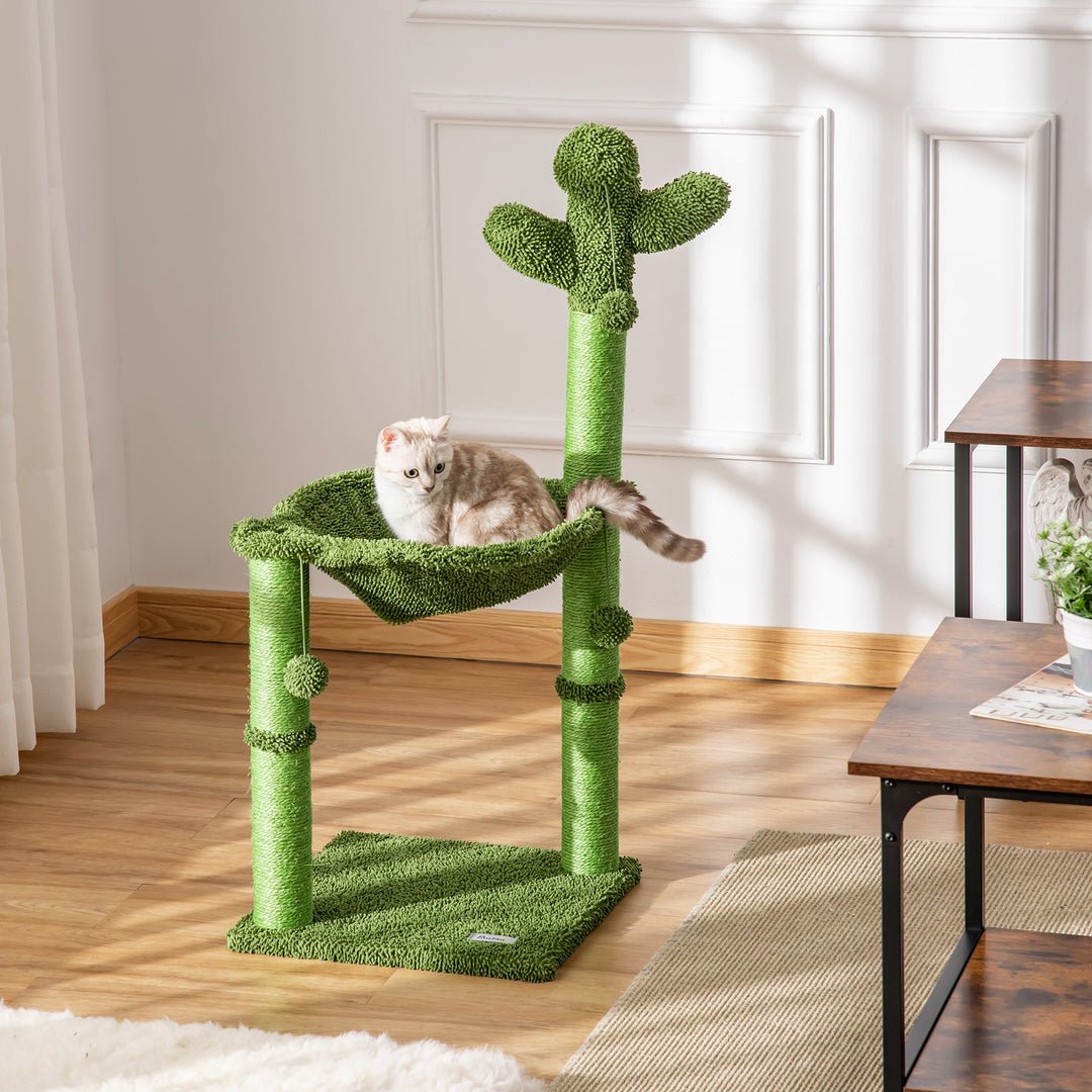 PawHut Cat Tower Kitten Activity Center Cactus Shape with Scratching Post Hammock Bed Dangling Ball Toy | Aosom UK