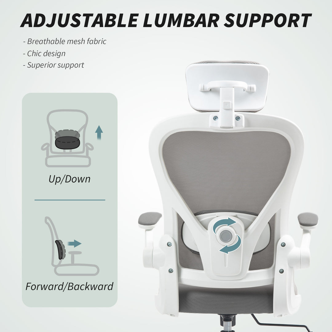 Executive Office Chair, Ergonomic Mesh High Back Desk Chair with Flip-up Armrest, Rotatable Headrest, Adjustable Lumbar Support for Home Study, Grey