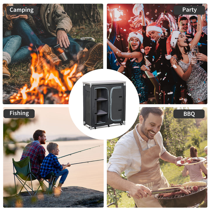 Aluminum Camping Cupboard, Camping Kitchen Station Cook Table with 3-Shelf, Storage Organiser for BBQ Party Picnic