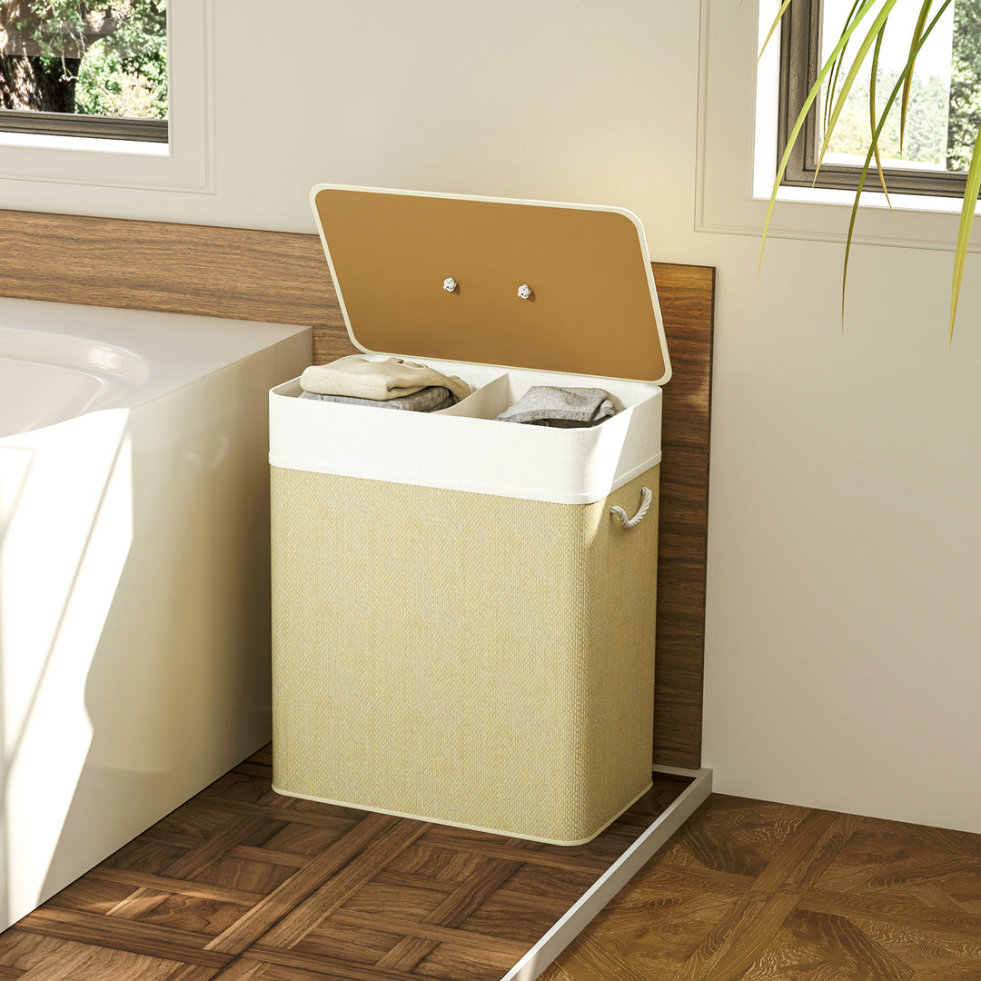Double Laundry Basket with Lid, 100L Bamboo Laundry Hamper with Rope Handles, Washing Basket with Removable Liner for Bathroom, Bedroom, Cream White
