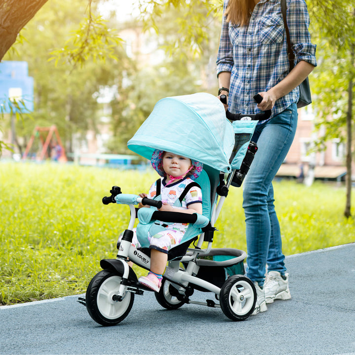 HOMCOM 4 in 1 Kids Trike Push Bike w/ Push Handle, Canopy, 5-point Safety Belt, Storage, Footrest, Brake, for 1-5 Years, Green | Aosom UK