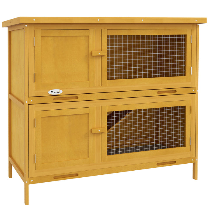 Double Decker Rabbit Hutch 2 Tier Guinea Pig House Pet Cage Outdoor with Sliding-out Tray, 97 x 44 x 91cm, Yellow