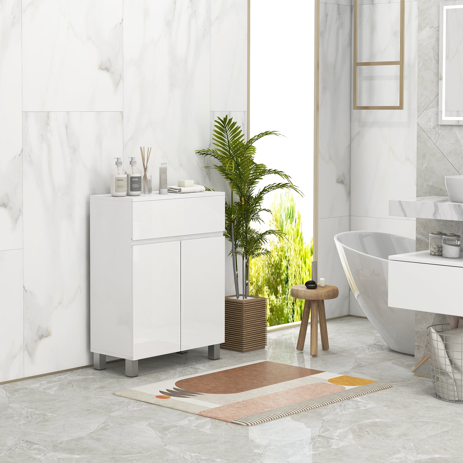 Freestanding Bathroom Cabinet, High Gloss Storage Cabinet with Doors a