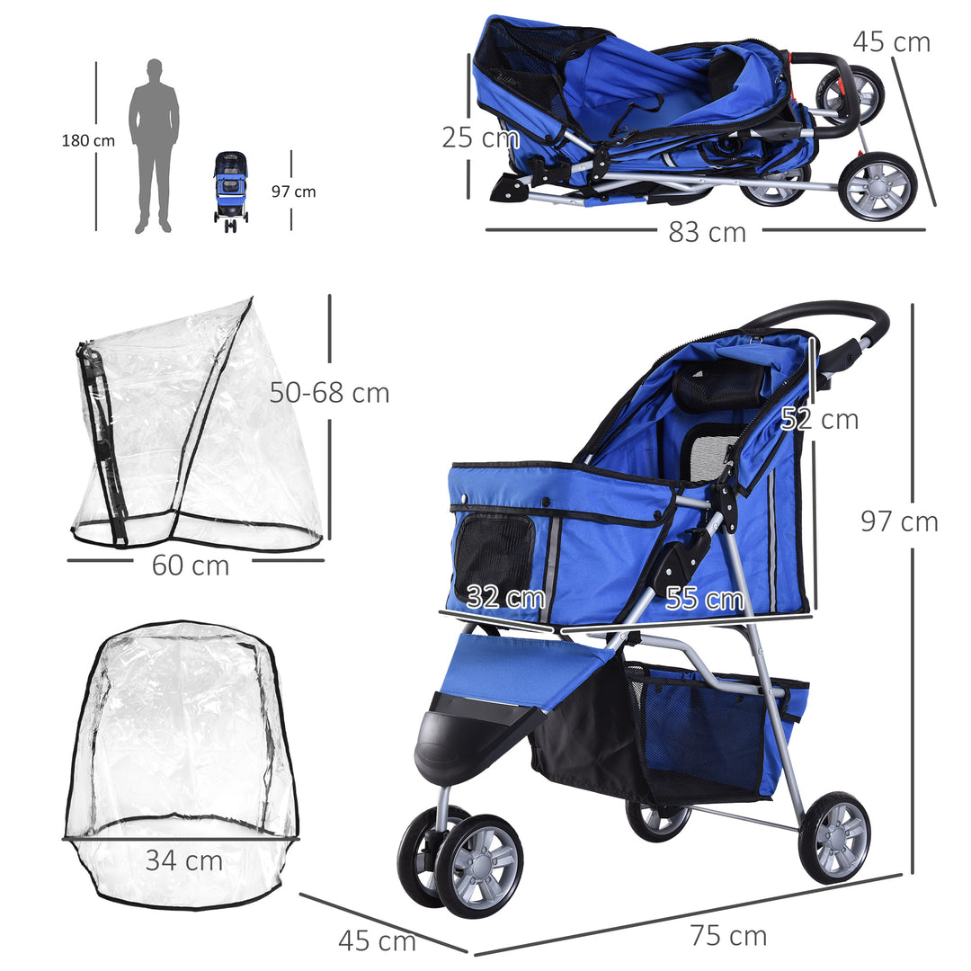 PawHut Dog Stroller, Miniature Dog and Cat Pushchair with Cover, Cup Holder, Storage, Reflective Safety Strips, Blue | Aosom UK