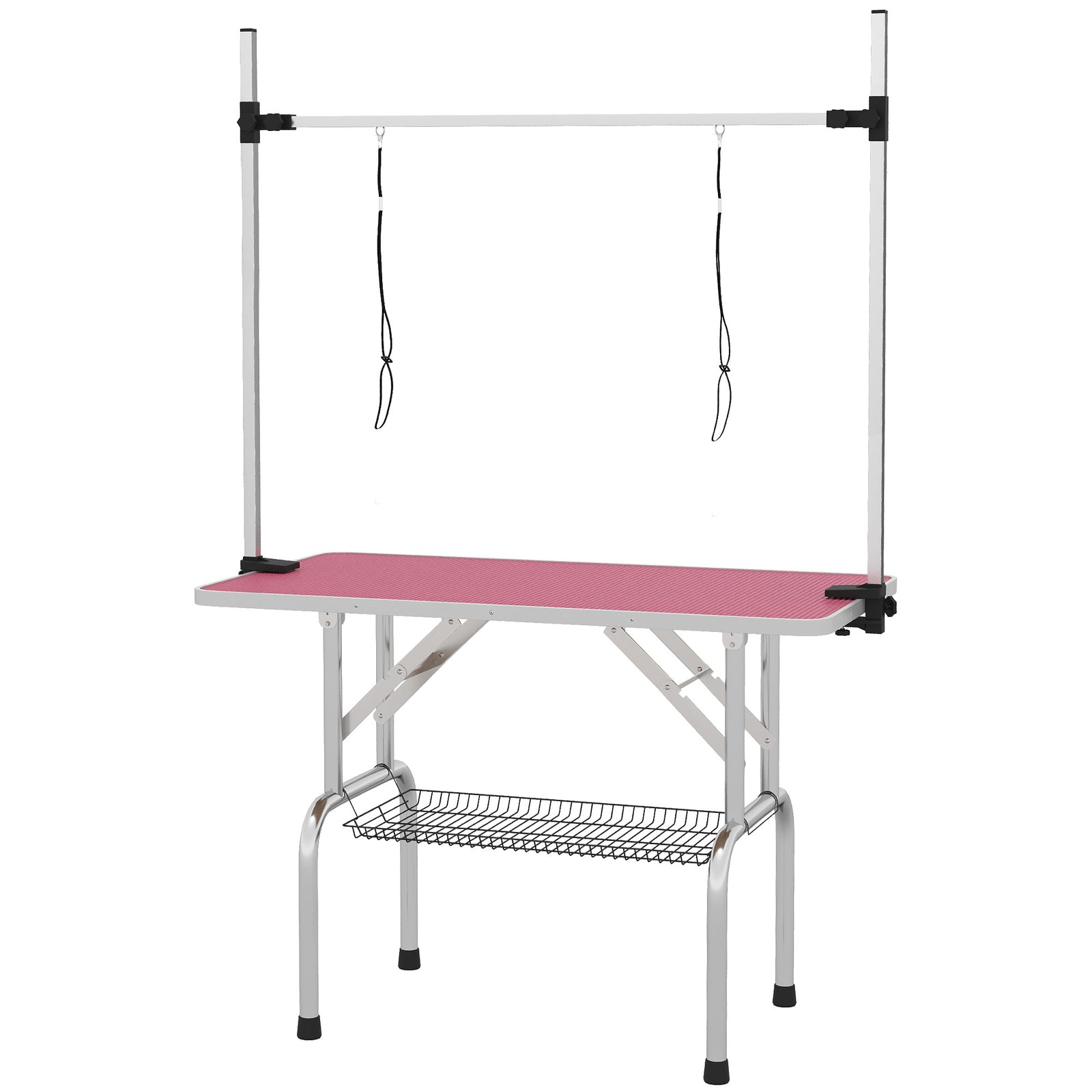 42" Dog Grooming Table, Adjustable Pet Cat Drying Beauty Table with 2 Loops Storage Basket, Rubber Top, Pink