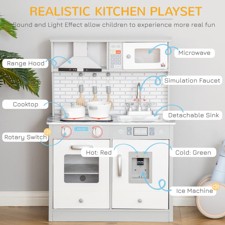 Kids Wooden Toy Kitchen Pretend Play Cooking Playset w/ Sound & Light Effect, Battery Operated Cooktop, Ice Machine, Marble Pattern Countertop, for 3-6 Years Old
