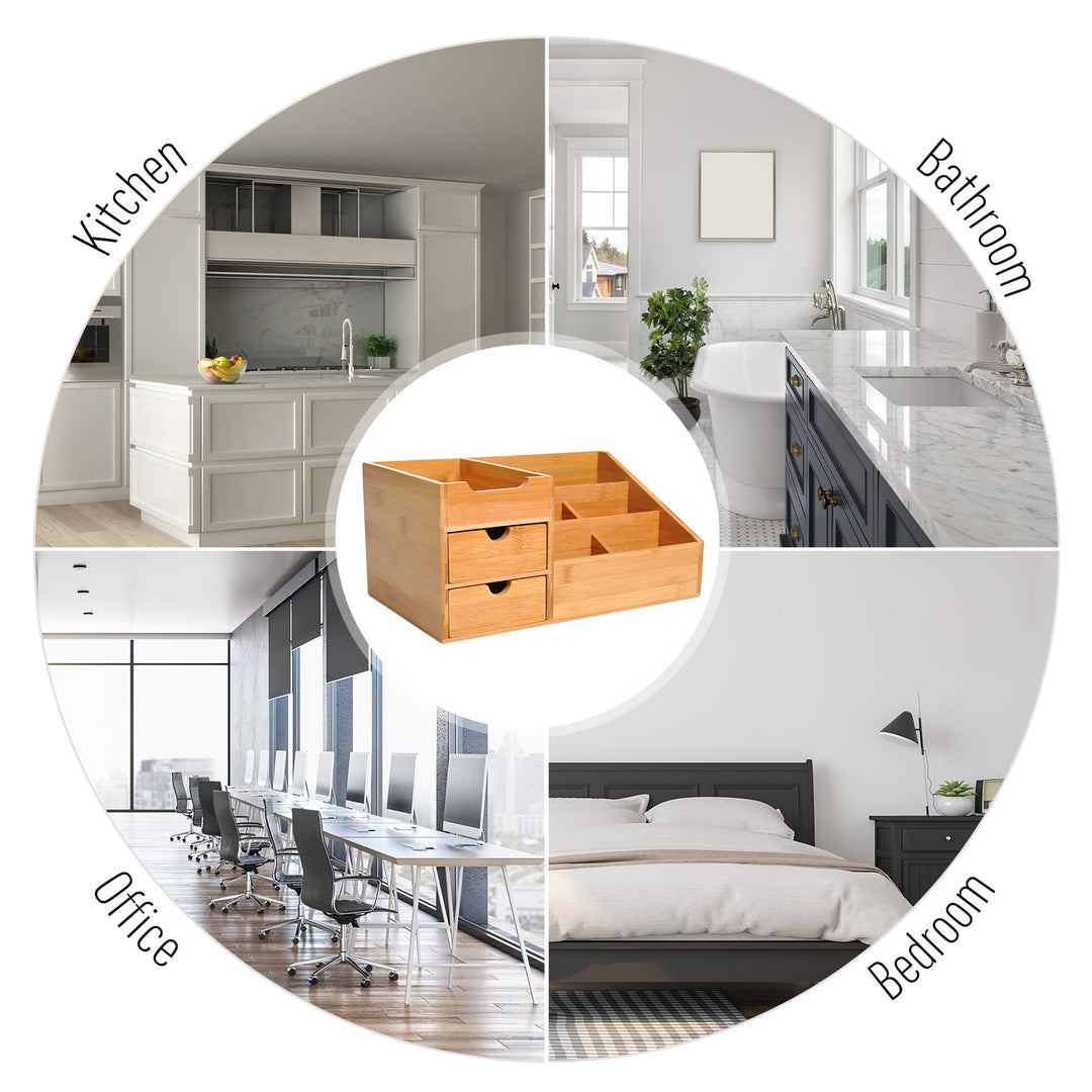 MCL Desk Organiser Holder, Bamboo Multi-Function Storage Caddy with 7 Storage Compartments and 2 Drawers for Home Office Stationary Supplies, Natural Bamboo