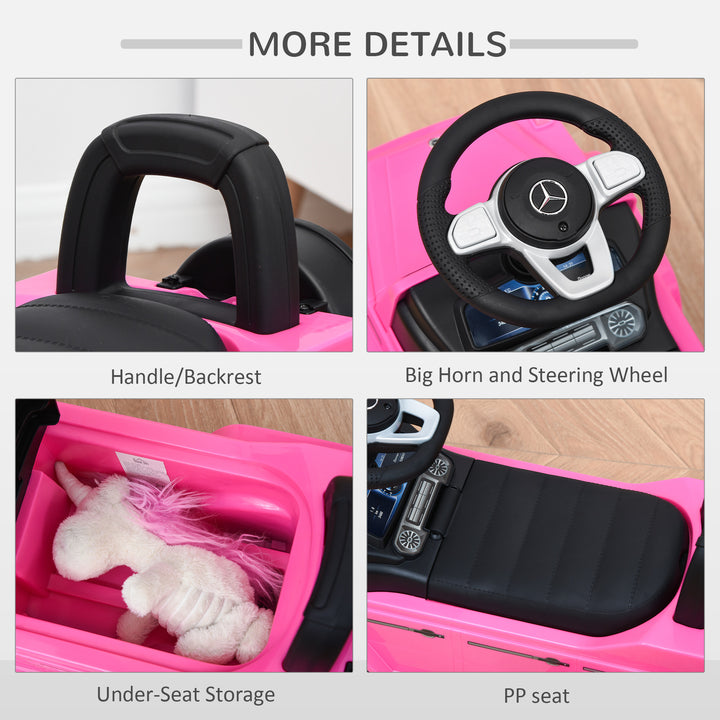 HOMCOM Aosom Compatible Baby Push Handle Sliding Car Mercedes-Benz G350 Licensed Foot to Floor Slider w/ Horn Under Seat Storage Pink