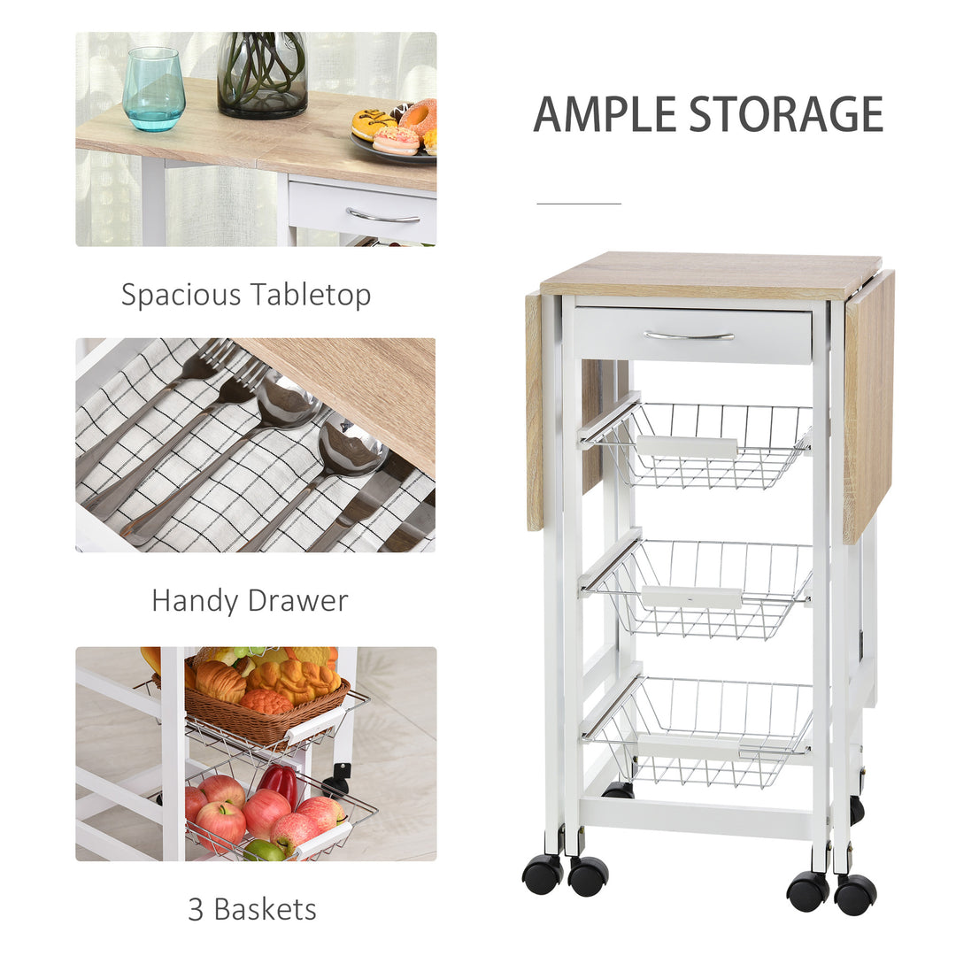 Drop-Leaf Kitchen Cart Trolley w/ 3 Baskets Drawer Surface Top 6 Universal Wheels Rolling Storage Unit Kitchen Home Dining Island White Oak Tone