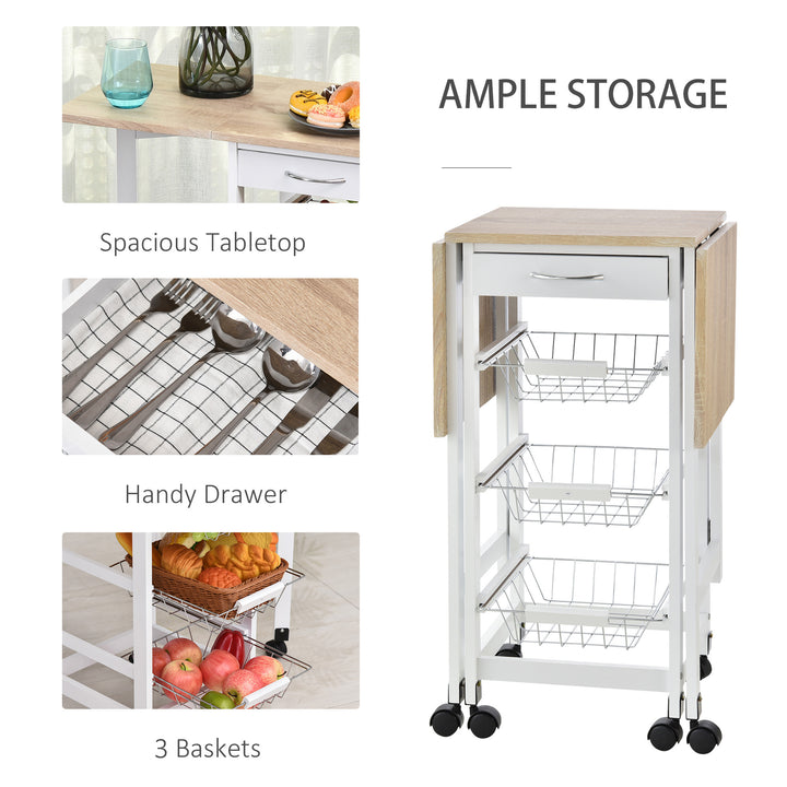 Drop-Leaf Kitchen Cart Trolley w/ 3 Baskets Drawer Surface Top 6 Universal Wheels Rolling Storage Unit Kitchen Home Dining Island White Oak Tone