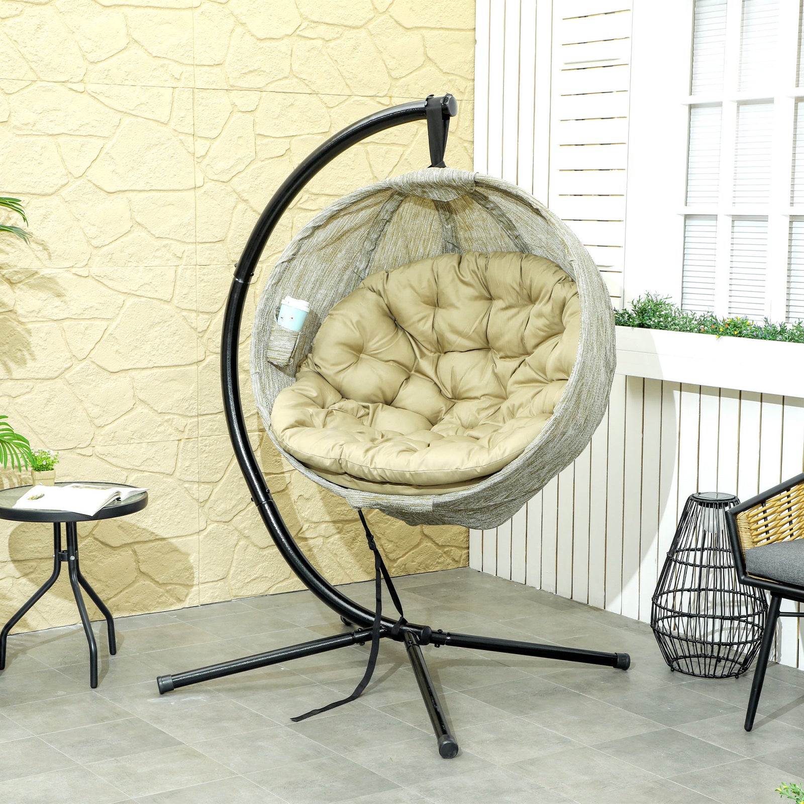 Hanging Egg Chair Outdoor Indoor Garden Swing Chair with Folding Basket, Garden Hanging Chair with Stand, Thickened Cushion, Cup Holder for Patio, Balcony, Khaki