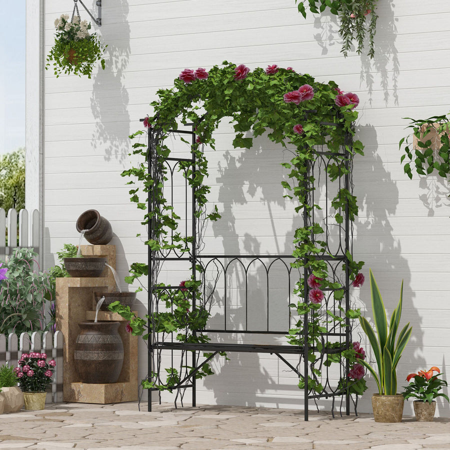 Garden Metal Frame Bench W/Arch for Various Climbing Plant, 115Lx50Wx203H cm-Black