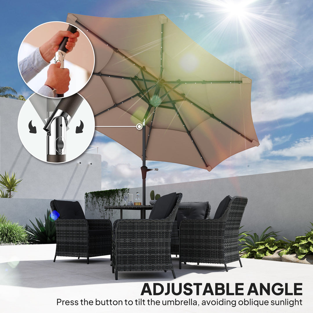 3-Tier Garden Parasol with Solar LED Lights, UPF 30+, Tilt Mechanism & Crank Handle, for Market Terrace, Khaki